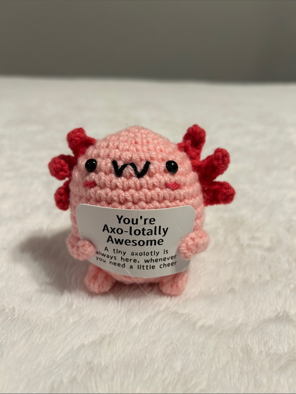 Pink Crochet Axolotl Plush with dark Pink Gills emotional gift